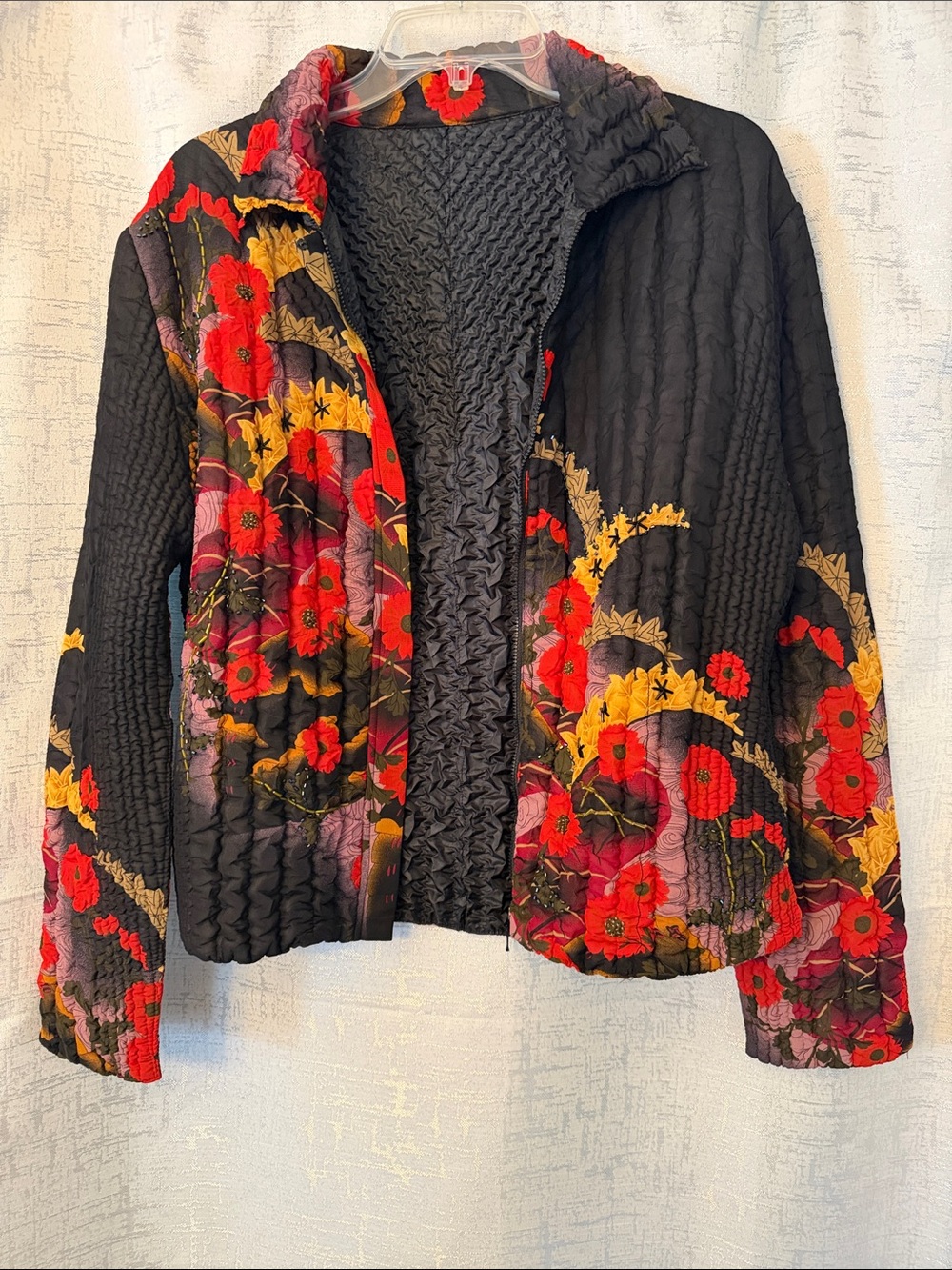 Black Floral Quilted Women's Jacket Sweater - Red & Yellow Floral
